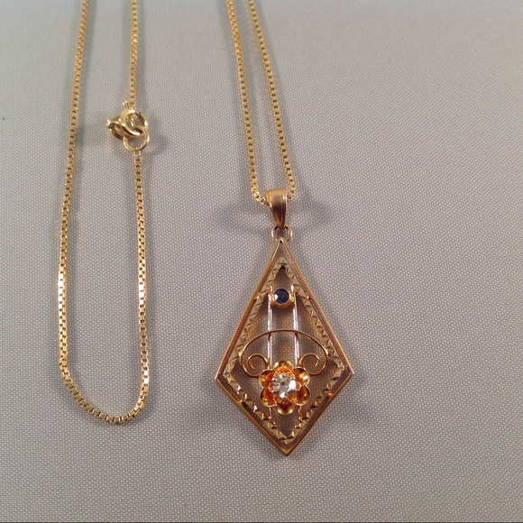 Antique Diamond and Sapphire 10k Gold Pendant
